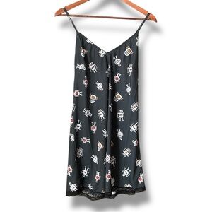 ModCloth Breakfast for Dinner Blue Black Robot Lace Trim Spaghetti Strap Nightie